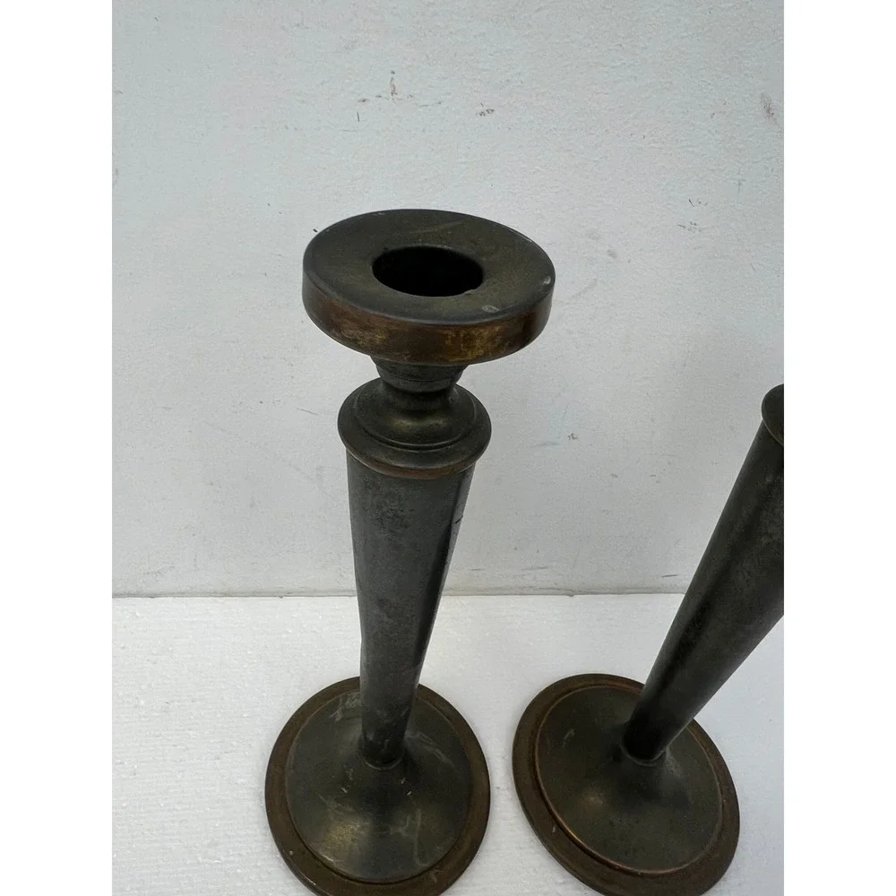 Vintage Arts & Crafts Metal Candlestick Holders Pair Tapered 9